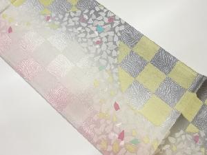 桜の花弁に市松・波模様織出し袋帯